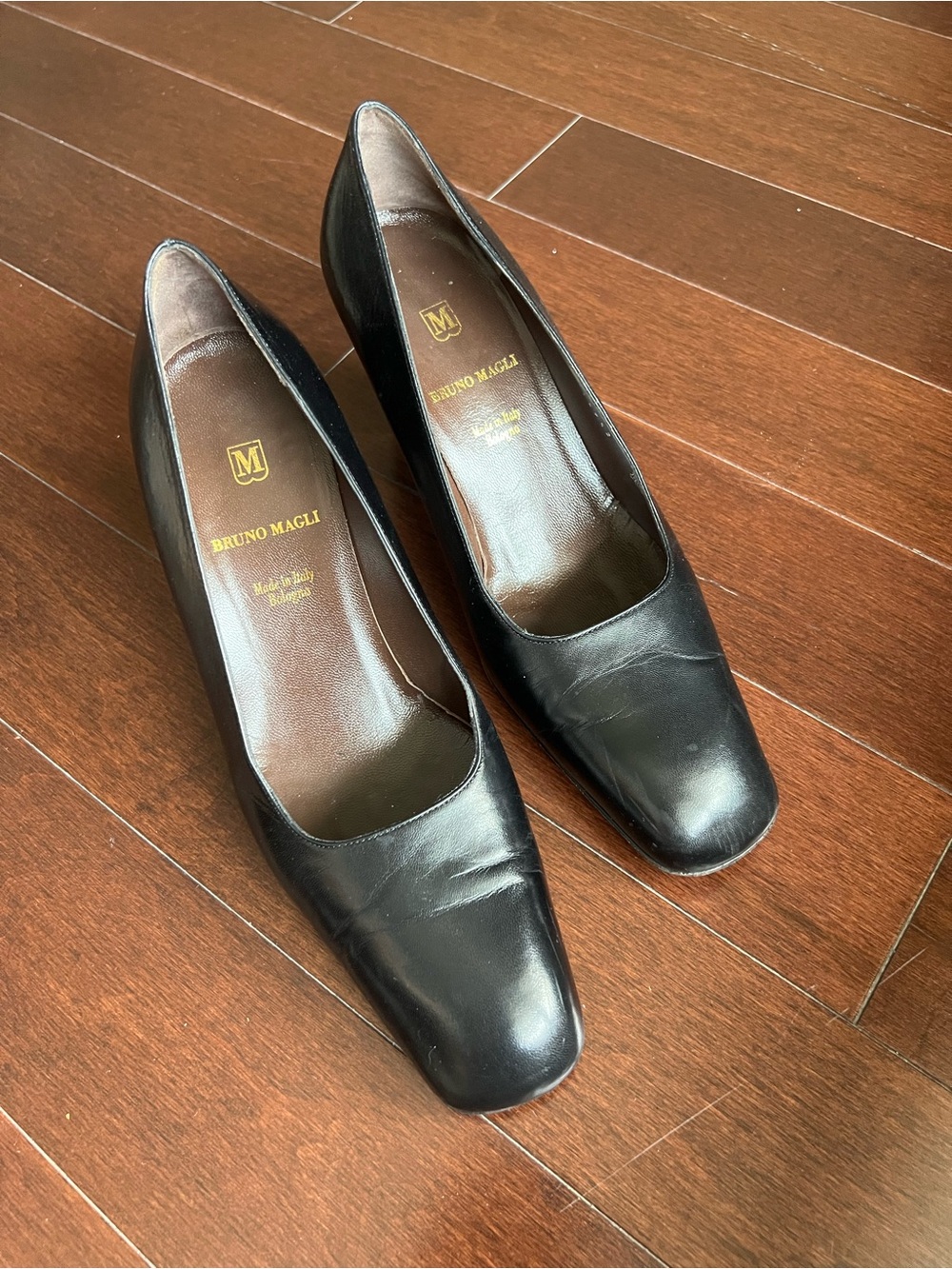 Bruno Magli Black Leather Square-Toe Pumps